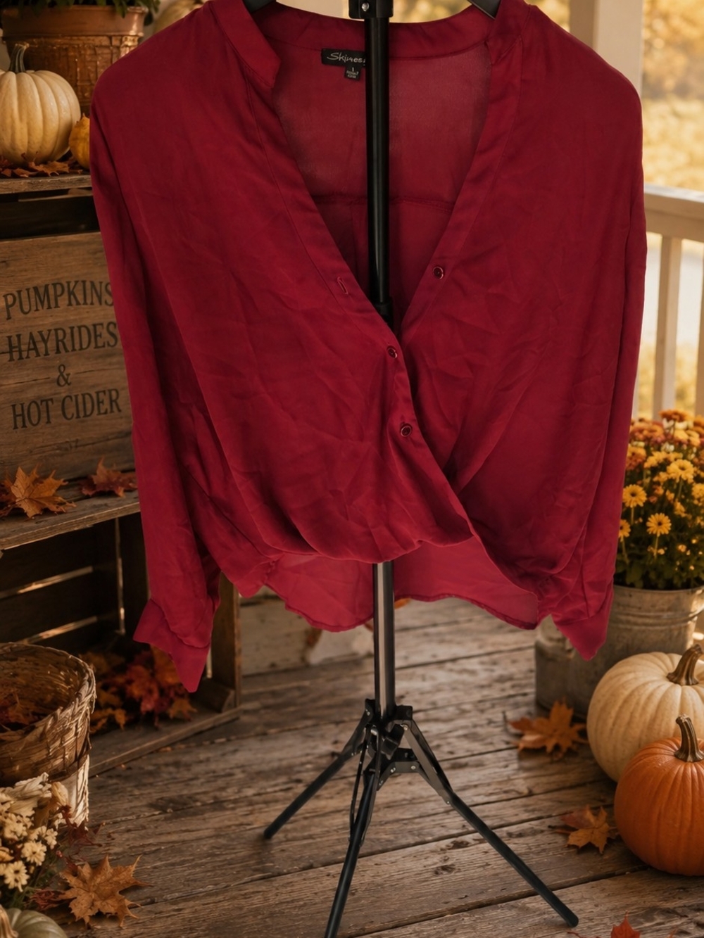 Shinestar Burgundy Crop Twist-Front Long-Sleeve Blouse - Size L
